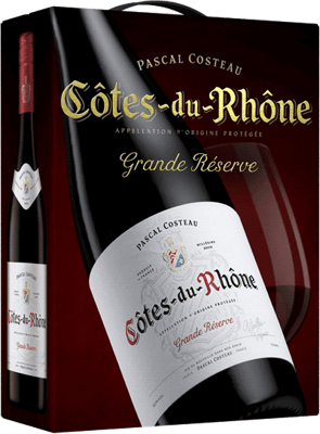 En box med Pascal Costeau Côtes-du-Rhône Grande Réserve 2019, ett rött vin från Rhonedalen i Frankrike