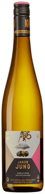 En lättare glasflaska med Jakob Jung Erbacher Michelmark Riesling trocken, ett vitt vin från Rheingau i Tyskland