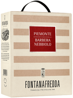 En box med Fontanafredda Piemonte Barbera Nebbiolo, ett rött vin från Piemonte i Italien