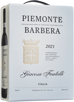 En box med Giacosa Fratelli Piemonte Barbera 2020, ett rött vin från Piemonte i Italien