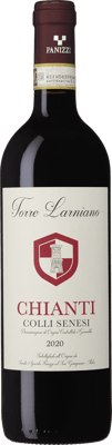 En glasflaska med Panizzi Torre Larniano Chianti Colli Senesi 2020, ett rött vin från Toscana i Italien