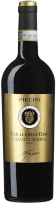 En glasflaska med Piccini Collezione Oro Chianti Riserva 2019, ett rött vin från Toscana i Italien