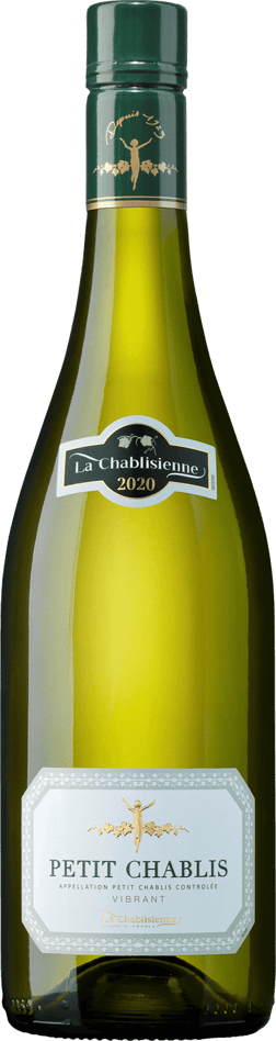 En glasflaska med Petit Chablis La Chablisienne 2022, ett vitt vin från Bourgogne i Frankrike