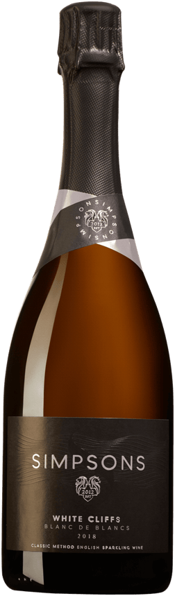 En glasflaska med Simpsons White Cliffs Blanc de Blancs 2018, ett mousserande vin från England i Storbritannien