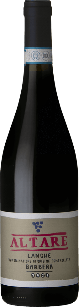 En glasflaska med Altare Langhe Barbera 2021, ett rött vin från Piemonte i Italien