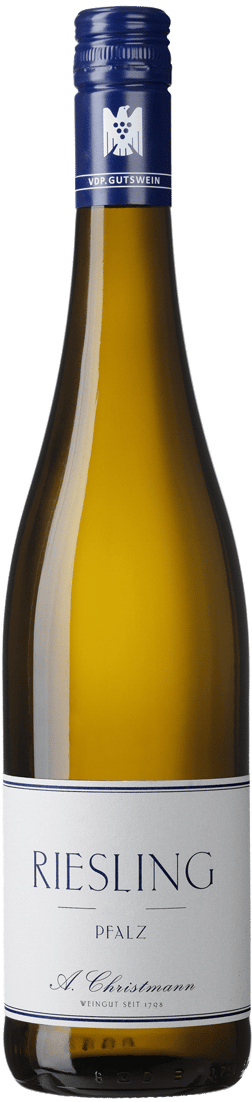 En lättare glasflaska med A Christmann Riesling 2022, ett vitt vin från Pfalz i Tyskland
