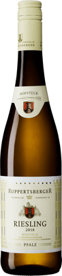 En lättare glasflaska med Ruppertsberger Hofstück Riesling, ett vitt vin från Pfalz i Tyskland