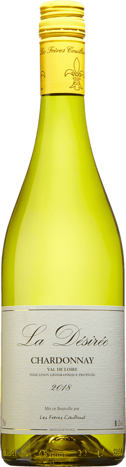 En lättare glasflaska med La Désirée Chardonnay 2022 , ett vitt vin från Loiredalen i Frankrike