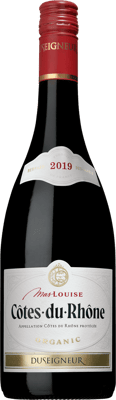 En lättare glasflaska med Mas Louise Côtes du Rhône 2021, ett rött vin från Rhonedalen i Frankrike