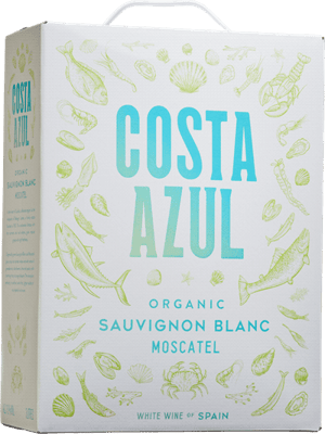 En box med Costa Azul 2021, ett vitt vin från Kastilien-La Mancha i Spanien