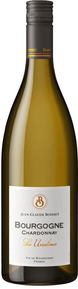 En glasflaska med Boisset Bourgogne Chardonnay Les Ursulines 2019, ett vitt vin från Bourgogne i Frankrike