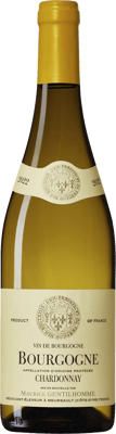 En glasflaska med Bourgogne Chardonnay Maurice Gentilhomme, ett vitt vin från Bourgogne i Frankrike