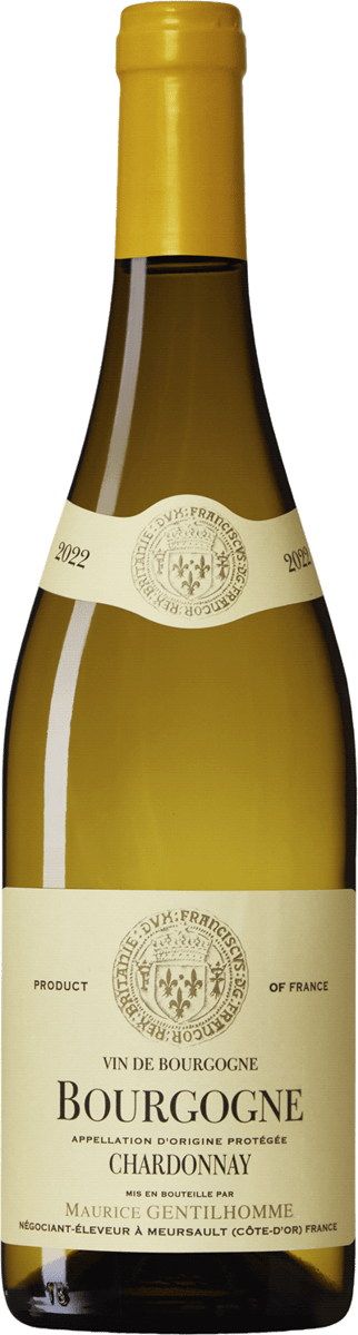 En glasflaska med Bourgogne Chardonnay Maurice Gentilhomme, ett vitt vin från Bourgogne i Frankrike
