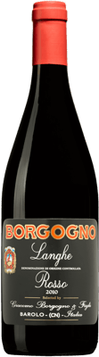 En lättare glasflaska med Borgogno Langhe Rosso, ett rött vin från Piemonte i Italien