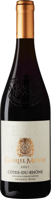 En lättare glasflaska med Gabriel Meffre Côtes-du-Rhône Terra Red, ett rött vin från Rhonedalen i Frankrike