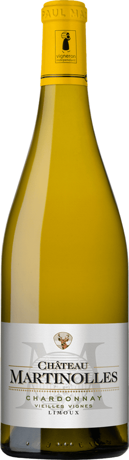En glasflaska med Château Martinolles Chardonnay 2021, ett vitt vin från Languedoc-Roussillon i Frankrike