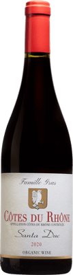 En lättare glasflaska med Santa Duc Côtes du Rhône Les Vieilles Vignes, ett rött vin från Rhonedalen i Frankrike