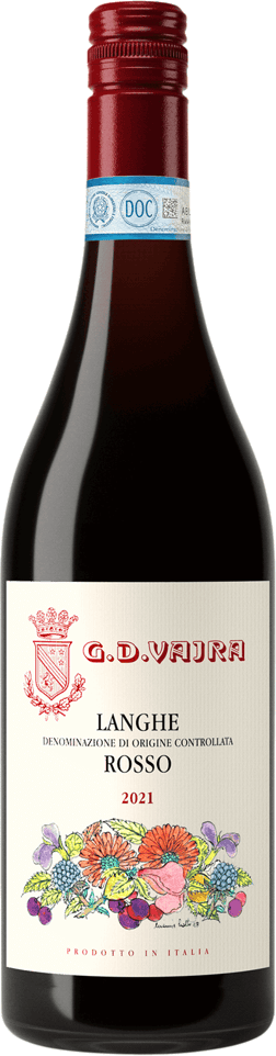 En lättare glasflaska med Langhe Rosso 2021, ett rött vin från Piemonte i Italien