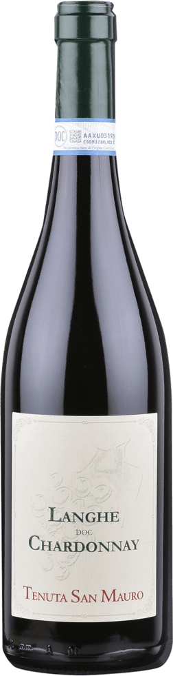 En glasflaska med Langhe Chardonnay Tenuta San Mauro 2021, ett vitt vin från Piemonte i Italien
