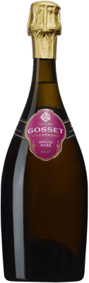 En glasflaska med Gosset Grand Rosé Brut, ett champagne från Champagne i Frankrike