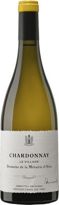 En glasflaska med Métairie d’Alon Chardonnay Le Village 2018, ett vitt vin från Languedoc-Roussillon i Frankrike