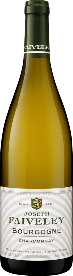 En glasflaska med Faiveley Bourgogne Chardonnay 2022, ett vitt vin från Bourgogne i Frankrike