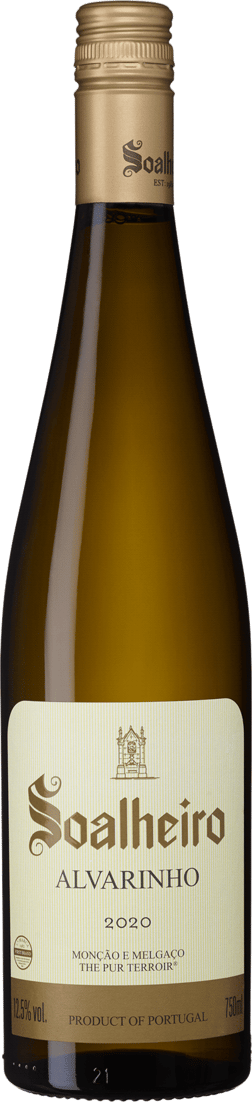 En lättare glasflaska med Soalheiro Alvarinho 2021, ett vitt vin från Vinho Verde i Portugal