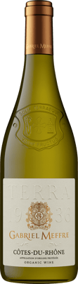 En lättare glasflaska med Gabriel Meffre Côtes-du-Rhône Terra White, ett vitt vin från Rhonedalen i Frankrike