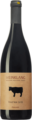 En glasflaska med Meinklang Pinot Noir 2020, ett rött vin från Österrike