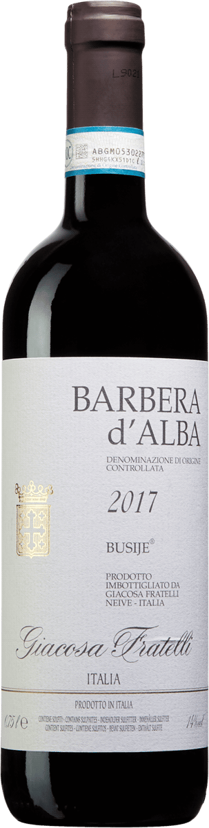 En lättare glasflaska med Barbera d&#8217;Alba Busije, ett rött vin från Piemonte i Italien