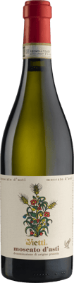 En glasflaska med Vietti Moscato d’Asti 2021, ett vitt vin från Piemonte i Italien