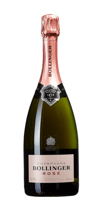 En glasflaska med Bollinger Rosé, ett champagne från Champagne i Frankrike