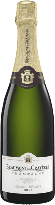 En glasflaska med Beaumont des Crayères Grande Réserve Brut, ett champagne från Champagne i Frankrike