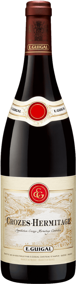 En glasflaska med E. Guigal Crozes-Hermitage Rouge 2020, ett rött vin från Rhonedalen i Frankrike