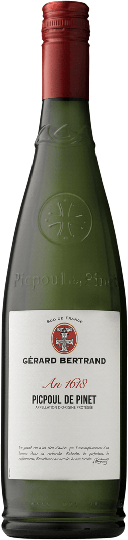 En glasflaska med Gérard Bertrand Picpoul de Pinet 2022, ett vitt vin från Languedoc-Roussillon i Frankrike