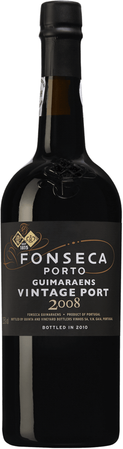 En glasflaska med Fonseca Guimaraens Vintage Port 2012, ett starkvin från Douro i Portugal