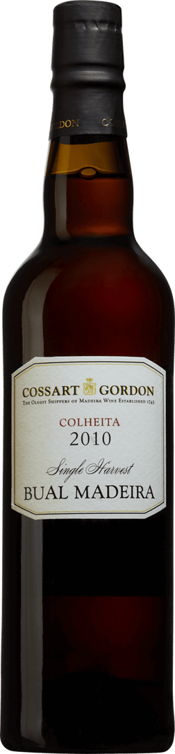 En glasflaska med Cossart Gordon Bual Colheita 2014, en starkvin från Madeira i Portugal