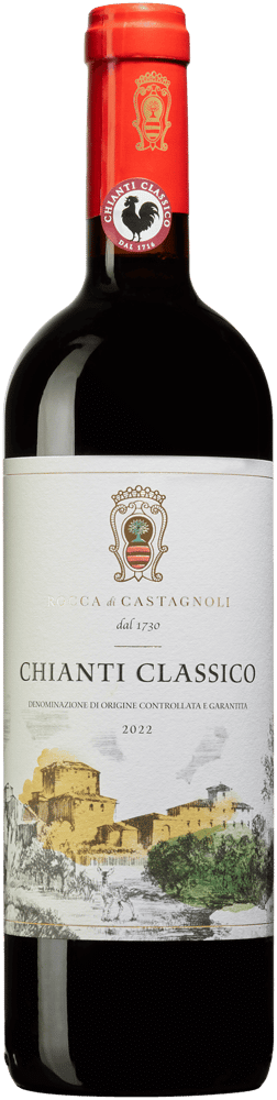 En glasflaska med Rocca di Castagnoli Chianti Classico Organic 2022, ett rött vin från Toscana i Italien