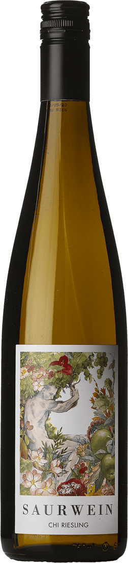 En glasflaska med Saurwein Chi Riesling 2023, ett vitt vin från Western Cape i Sydafrika