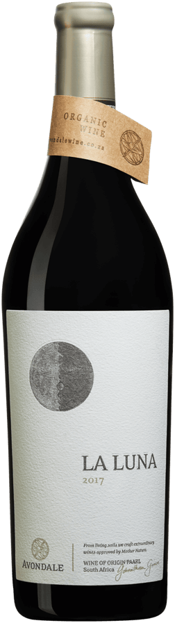 En glasflaska med Avondale La Luna 2017, ett rött vin från Western Cape i Sydafrika