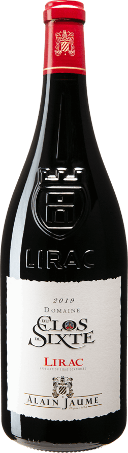 En glasflaska med Alain Jaume Lirac Domaine du Clos de Sixte 2019, ett rött vin från Rhonedalen i Frankrike