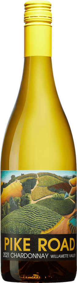 En glasflaska med Pike Road Willamette Valley Chardonnay 2022, ett vitt vin från Oregon i USA