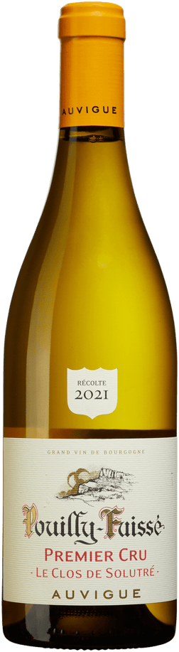 En glasflaska med Auvigue Pouilly Fuissé Premier Cru Le Clos de Solutré 2021, ett vitt vin från Bourgogne i Frankrike