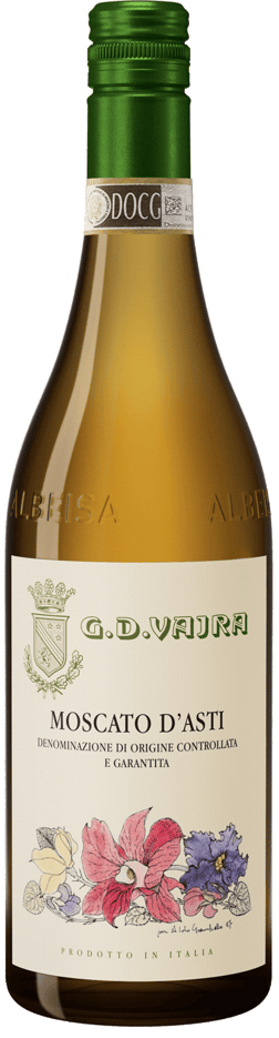 En glasflaska med G.D. Vajra Moscato d'Asti 2023, ett vitt vin från Piemonte i Italien