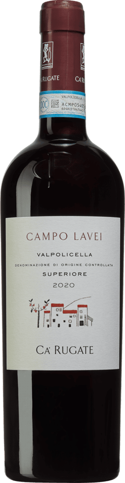 En glasflaska med Ca'Rugate Campo Lavei Valpolicella Superiore 2021, ett rött vin från Venetien i Italien