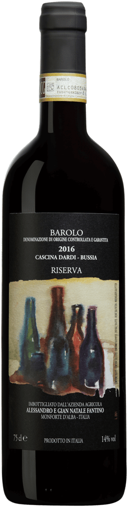 En glasflaska med Alessandro e Gian Natale Fantino Barolo Bussia Cascina Dardi Riserva 2016, ett rött vin från Piemonte i Italien