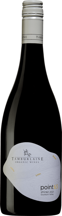 En glasflaska med Tamburlaine Organic Wines Point 65 Goulburn Valley Shiraz 2022, ett rött vin från Victoria i Australien