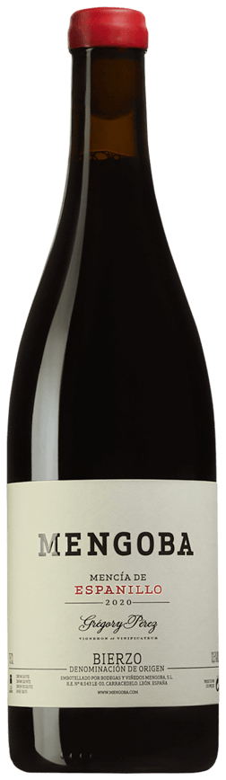 En glasflaska med Mengoba Mencía de Espanillo 2020, ett rött vin från Kastilien-León i Spanien