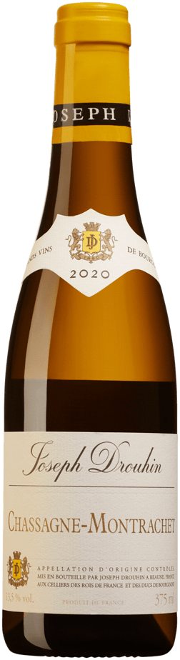 En glasflaska med Joseph Drouhin Chassagne-Montrachet 2020, ett vitt vin från Bourgogne i Frankrike