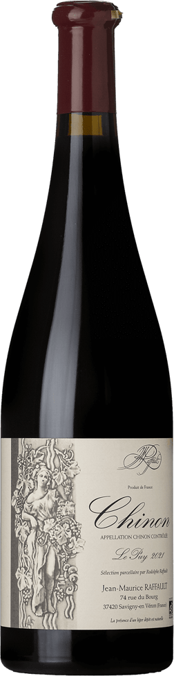 En glasflaska med Jean-Maurice Raffault Chinon Le Puy 2021, ett rött vin från Loiredalen i Frankrike